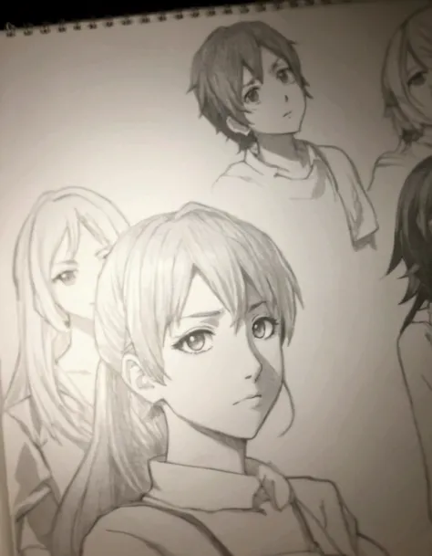  sketches of a group of anime characters in a sketchbook, anime shading, ANIME STYLE semirrealista, anime shading), anime sketch,   there were eight people from the anime  , very anime style, manga drawing, ANIME STYLE e mangá, Detailed anime face, desenho...