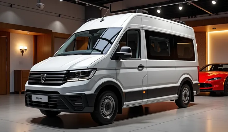 a beautifully detailed 2025 Dacia Dokker Camper Van in a luxurious showroom, high quality 8k, hyperrealistic, photorealistic, physically-based rendering, studio lighting, sharp focus, vibrant colors, elegant design, intricate details, modern and sleek, ref...