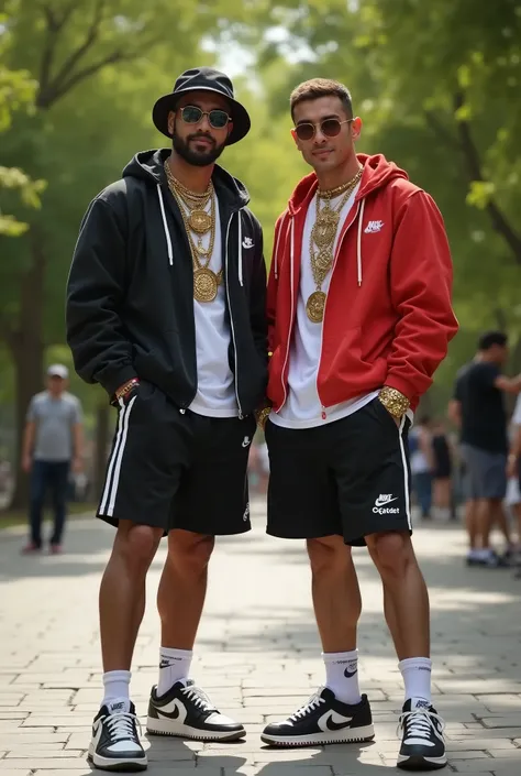 realistic photo, full length view, two different  gay handsome macho arrogant scallyguys wearing dozens of golden rings, necklaces, bracelets, long socks,  Nike hype-fashioned sneakers, adidas jackets and shorts, public garden