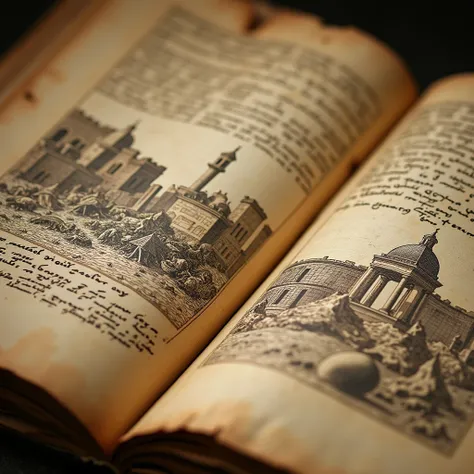 Detailed close-up of ancient manuscripts with faded text and intricate drawings of Jerusalem in ruins. The aged paper shows signs of wear and tear, with sepia tones and weathered edges. In the background, sketches depict the ancient city of Jerusalem, with...