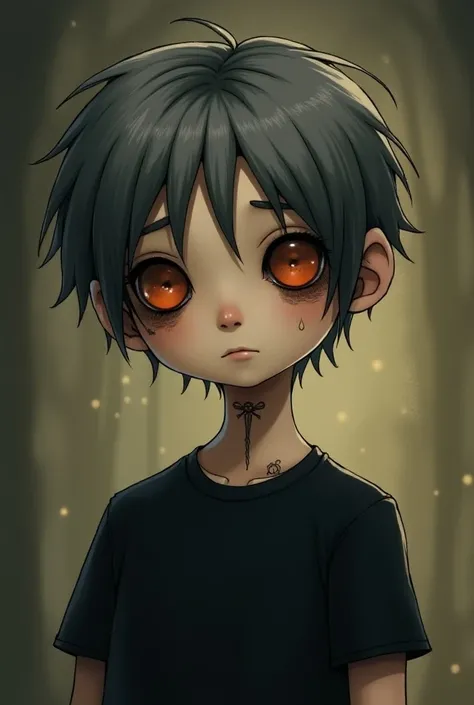 Illustration of a young human male,with black t-shirt, with light-skinned face tattoo,short hair with gray bangs, Designed in Coraline style with button in place of eyes  bride style
With button on our eyes