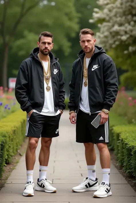 realistic photo, full length view, two different  gay handsome macho arrogant white scallyguys wearing dozens of golden rings, necklaces, bracelets, long socks,  Nike hype-fashioned sneakers, adidas jackets and shorts, hi-tech futuristic smartphones, publi...