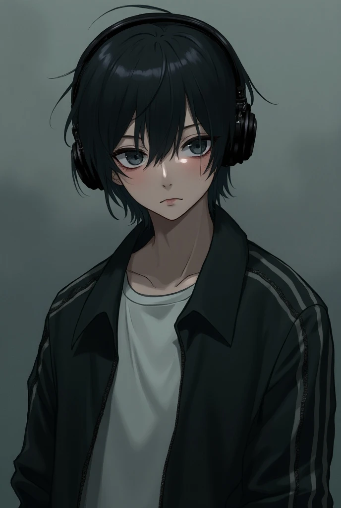 Create an anime-style character that is haunted like an emogin 
That he has black headphones that has black hair with a little freckles that he wears a white t-shirt with a black coat that has a little stripes and that his hair is not that long

What is th...