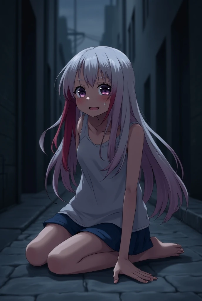 Anime style image,1 girl,  long hair, white and red hair , violet eyes, light skin, dimly lit alley background, Tears,kneeling on the floor, crying.