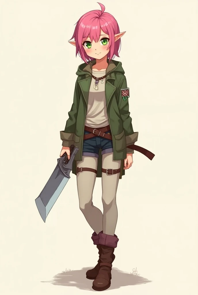 (Full body:1.5), subject in semi-profile, 1 half-elf, woman, young, slightly pointed ears, small ears, pink hair, green eyes, slim, medium chest, medi thighs,  nice legs, smiling, friendly, RPG clothes, rogue clothes, leather boots, anime style, simple dra...