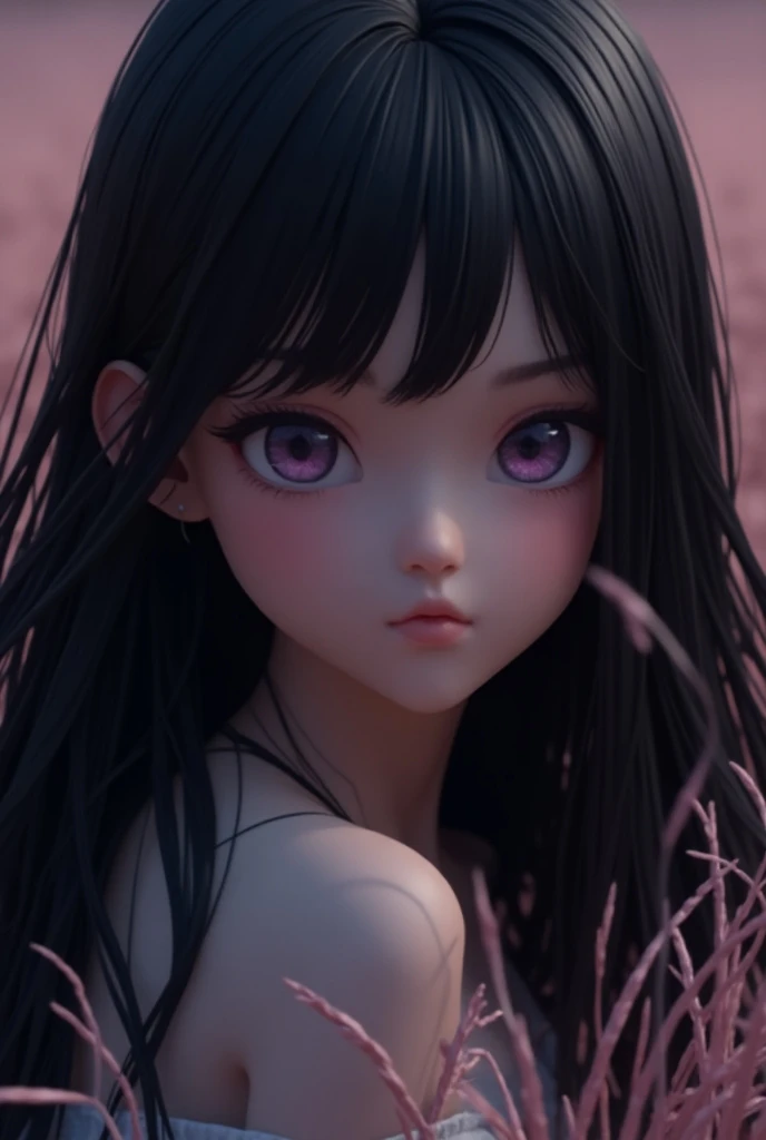 1 girl, , long hair , Rice, black hair, purple eyes,  high resolution , HD model, purple eyes,3D Rendering, 