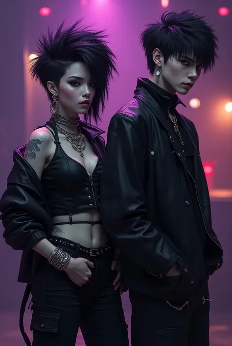  a poster of a punk band ,  with a white girl with black hair, beautifully dressed ,  her clothes are black and purple ,  with a boy taller than her , muscular (but little), White, black hair and dark eyes. realistic