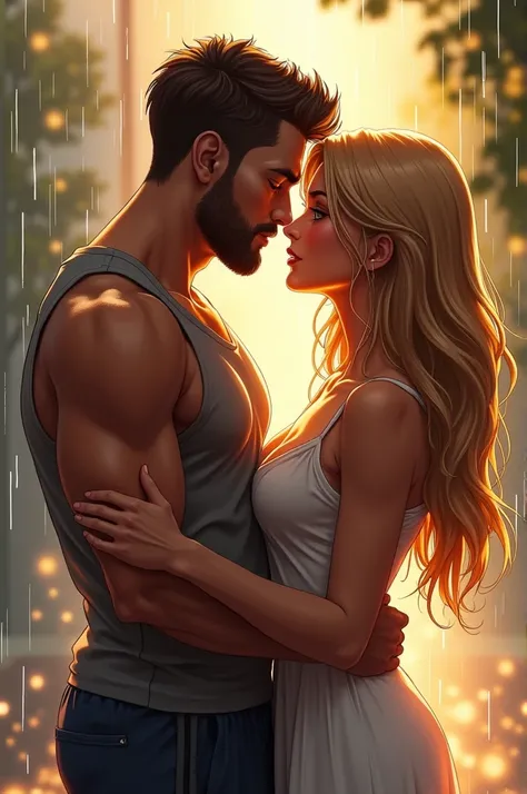  Illustration of a handsome couple ,  looking at each other, Theyre in the rain ,  he has brown hair and eyes , barba,  athletic body and is wearing gym clothes,  she has long dark blond hair ,  honey-colored eyes and is wearing a dress 