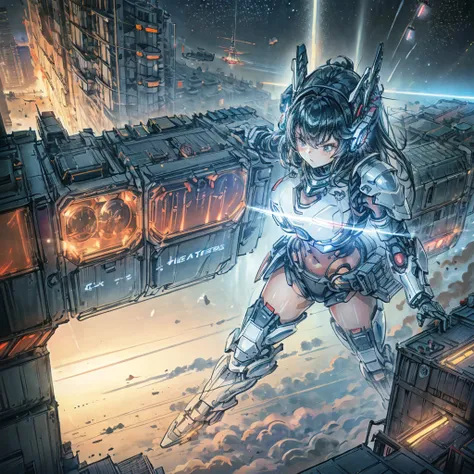 Electronic illustrations of women with mechanized armor and guns in outer space, one girl, breasts, ships, weapons, military vehicles, mecha girls, guns, big breasts, space battleships, science fiction, aircraft, cleavage, weapons hold and look at the view...