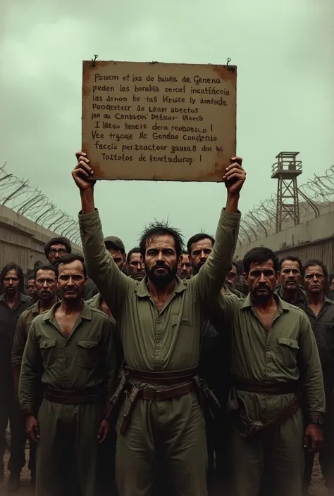 Prisoners of war holding a sign with Geneva Conventions written in Spanish