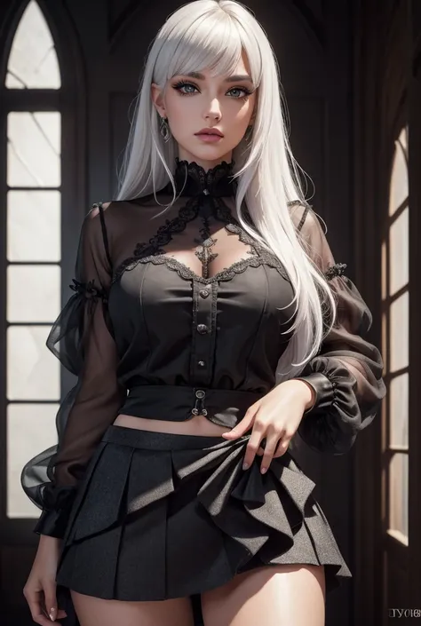 1 girl, Solo, High resolution, White hair, Bangs, Jewel, Glitter, POV, Masterpiece, Accurate, Anatomically correct, Best quality, Detail, HD Model, High Details, High Quality, Quality, Super Detail, Ultra HD, Makeup, Lipstick POV, Symmetry, Canon, Isometri...