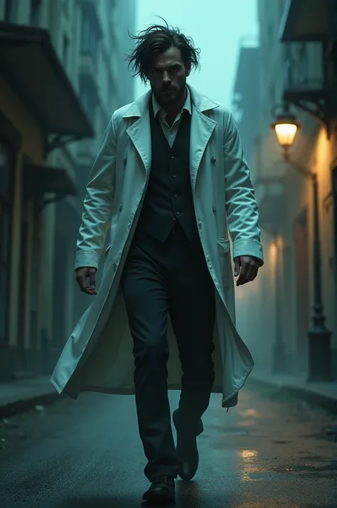  Handsome man with the costume of a crazy scientist very scary, On the dark street 