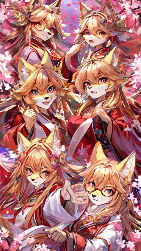 High quatilty, masterpiece, anatomy correct, character sheet, concept design, cohesive background, hands drawn, action, (character design:1.1), concept art, golden fox, fox furry, furry female, gold fur, pink eyes, anthropomorphic female wolf, long hair, g...