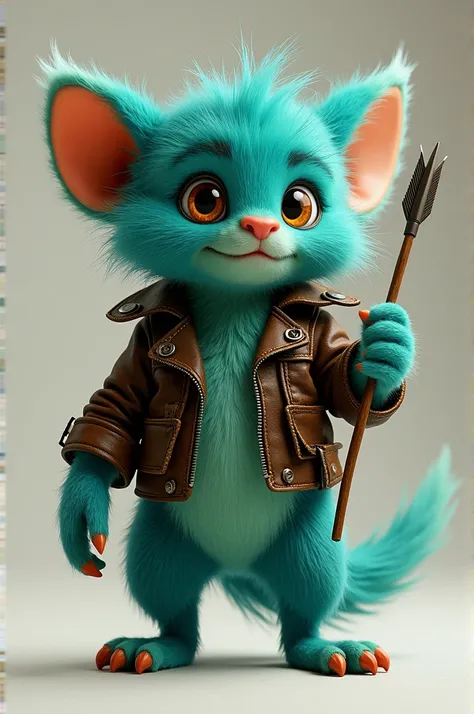  Imagine a little furry monster ,  with vibrant fur , maybe blue or green .  He wears a frayed leather jacket,  that gives off a rebellious air . In one hand,  holding a small arrow , ready for action. Your eyes are big and expressive,  transmitting curios...