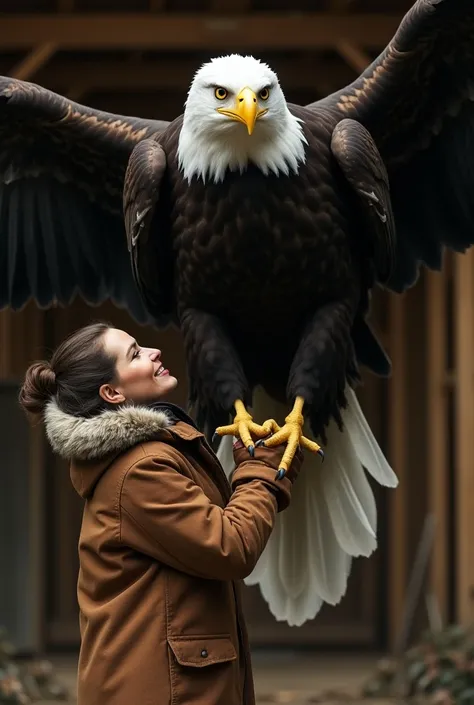  

A  man holding an enormous  Eagle   indoors. The owl is as large as the man, with its body and wings covering a significant portion of her figure. The owl is white with black spots, and has bright yellow eyes. Its size is exaggerated, making it the same...