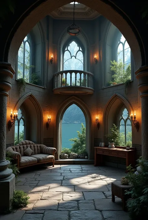 a room located in Hogwarts Castle ,  with 6 walls and one wall facing a balcony overlooking the Black Lake