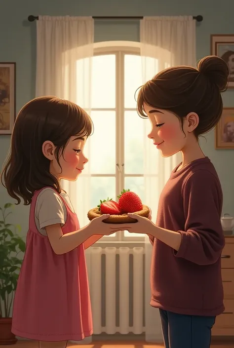  A young woman giving a girl a strawberry filled cookie, What is two rens version . A past vs. future encounter .