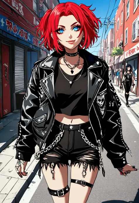 1 tall girl, red short hair, heterochromia eyes, 1 blue eye, 1 yelloq eye, punk clothes, badgirl, walking on the street, smile girl, sunny day.