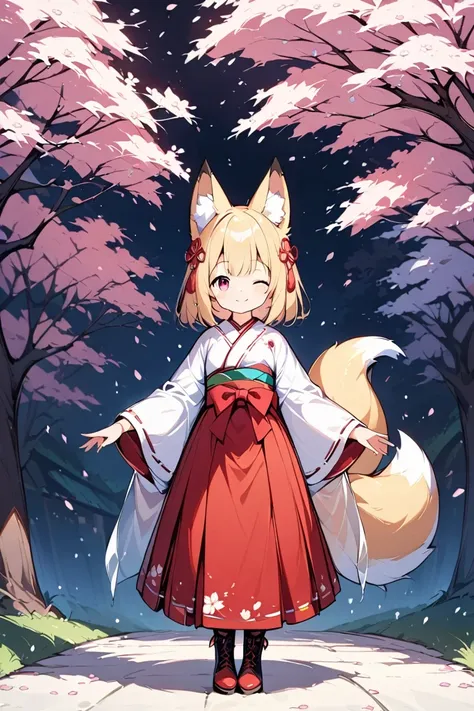 1人の可愛いFox earsの少女,(Best Quality,Very detailed depiction, incredible high resolution , anatomically accurate depiction ,High quality anime drawings),(White fox girl ),(Elegant shrine maiden outfit,Red Hakama,boots, hair ornaments with cherry blossom motifs are fluttering),(Long blonde hair,Fox ears:1.3,Ruby Eyes,Eyes half closed,Cute smile, pottery skin, white and fluffy fox tail ),(Full body image),Bright atmosphere,Under the cherry tree,Cherry Blossom Snowstorm,A transparent picture,