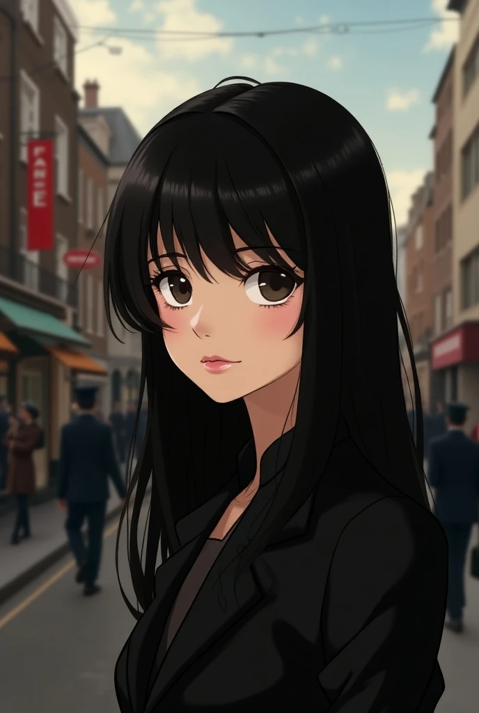  black-haired woman , Straight, long,  dark brown eyes shiny, pink lip ,  slim white skin ,  plain-faced ,  vintage clothing ,  in london 1945 , anime
