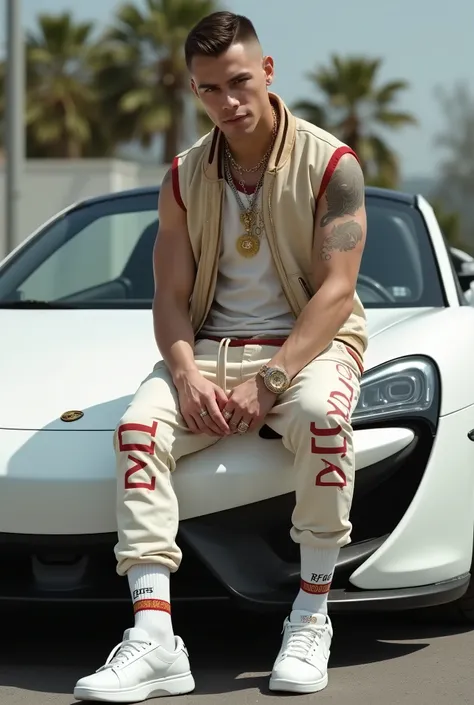 realistic photo, full length view, of a fashion fag  white guy with short clean undercut fashion hype-styled brown haircut , arrogantly posing in his luxurious Porsche white car  wearing Gucci sport vest, Gucci sport pants, Gucci white sneakers, lots of ri...