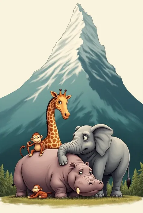 Simple drawing of a hippopotamus ,  an Elephant,   a giraffe and a monkey on their backs at the foot of a very high mountain 