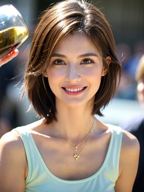 ((White Wine)),((Wine Glasses)),(Realistic, 超Realistic:1.4), 16K HDR,  High Resolution ,((White Wine)),((Wine Glasses)),Happy smile、short hair,The best smile、Japanese actress,so beautiful(It looks like the real thing),dress、Slim couple、Model Couple、(Realis...