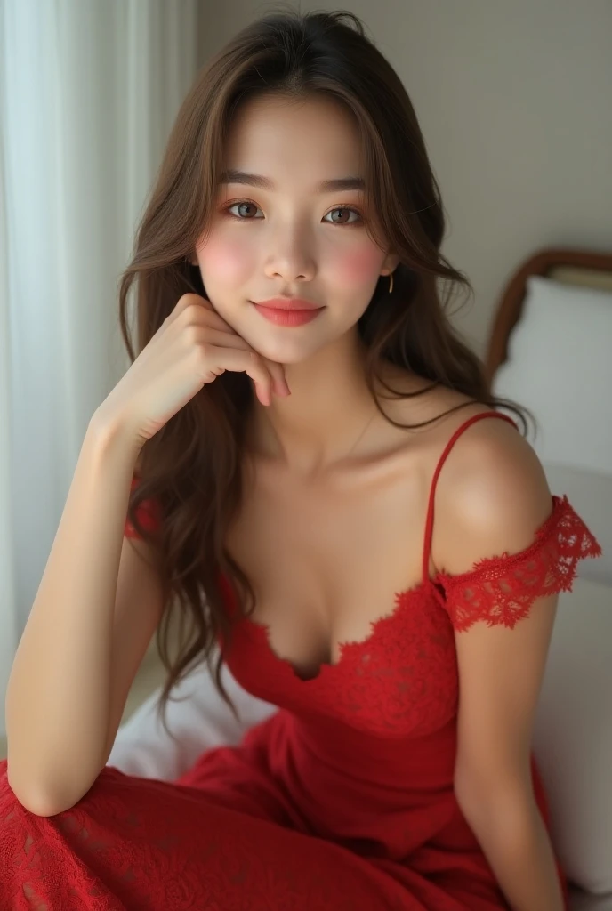 Realistic young woman with long, straight brown hair and a fair complexion, sitting gracefully with a soft smile on her face. She is wearing a red lace dress, her posture casual yet elegant, resting her chin lightly on her hand. The natural lighting highli...