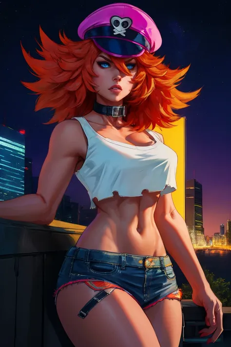 a detailed portrait of roxy, a girl with orange hair and blue eyes, wearing a white crop top, collar, and short shorts, also wearing a peaked cap, set against a night cityscape with neon lights, (insanely detailed, masterpiece, best quality), solo