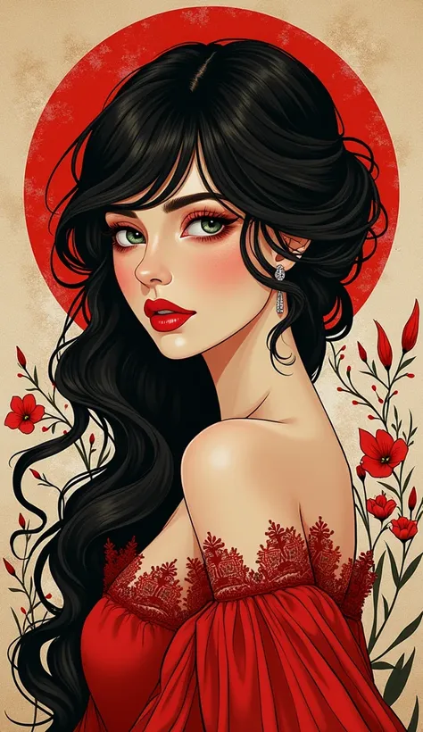 (masterpiece, best quality:1.2), 1 girl, alone,beautiful face，Red Reminimalist Art Nouveau，Illustration style，black and red，flowers