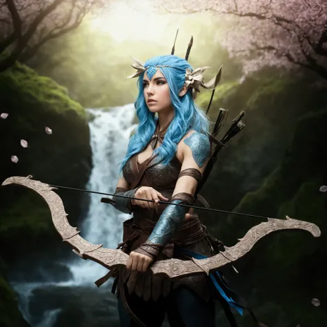 woman, warrior, elfica, with bow, blue hair,