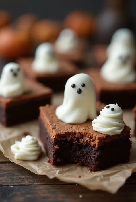  Brownies with Halloween decoration made with white chocolate ,some with different ghosts ,  others mummy bandages and that look like a photo taken by a cell phone and homemade brownies