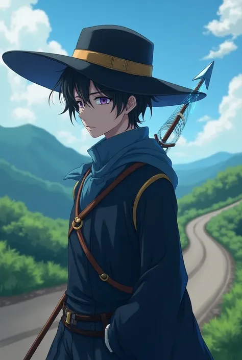 please create kino from anime calles kino no tabi, but now its become male and have shining blue arrow, and using a hat