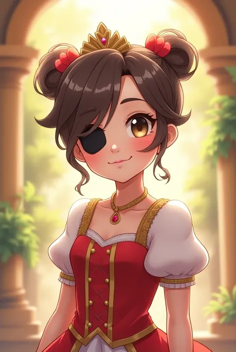 A cute girl wearing a eye patch and she is a princess full body and she is happy 