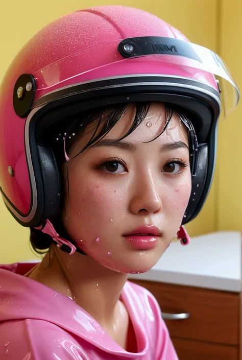 a beautiful japanese woman with a round face, sitting in a bedroom, wearing a pink shoei scooter helmet with the visor down, pin...