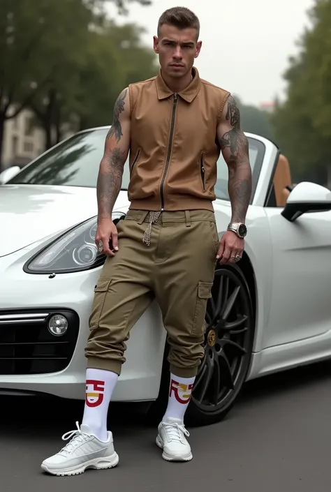 realistic photo, full length view, of a fashion fag  white guy with short clean undercut fashion hype-styled brown haircut , arrogantly posing in his luxurious Porsche white car  wearing Gucci colored sport vest, Gucci colored sport pants, Gucci white snea...