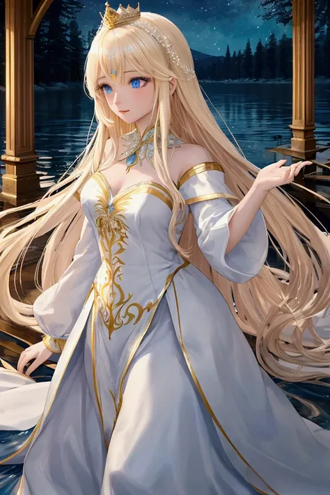  I want the image of a princess with long blond hair and blue eyes, That after being cursed ,  is transformed into a swan during the day , And she becomes a human again during the night . She is known for her beauty, , wearing a beautiful white medieval dr...