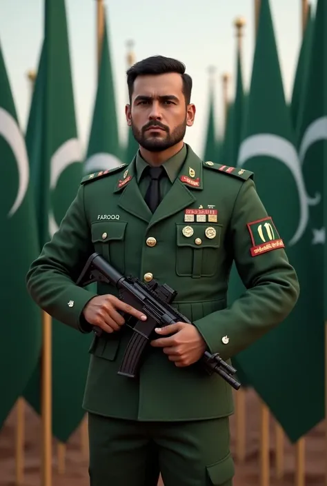 A Pakistani Army Man 
 front of background Pakistani flags a Pakistani army jacket kit, Number 10, Name Farooq written on back and hand in gun