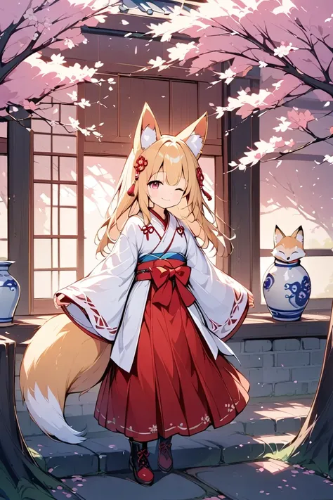 1人の可愛いFox earsの少女,(Best Quality,Very detailed depiction, incredible high resolution , anatomically accurate depiction ,High quality anime drawings),(White fox girl ),(Elegant shrine maiden outfit,Red Hakama,boots, hair ornaments with cherry blossom motifs are fluttering),(Long blonde hair,Fox ears:1.3,Ruby Eyes,Eyes half closed,Cute smile, pottery skin, white and fluffy fox tail ),(Full body image),Bright atmosphere,Under the cherry tree,Cherry Blossom Snowstorm,A transparent picture,