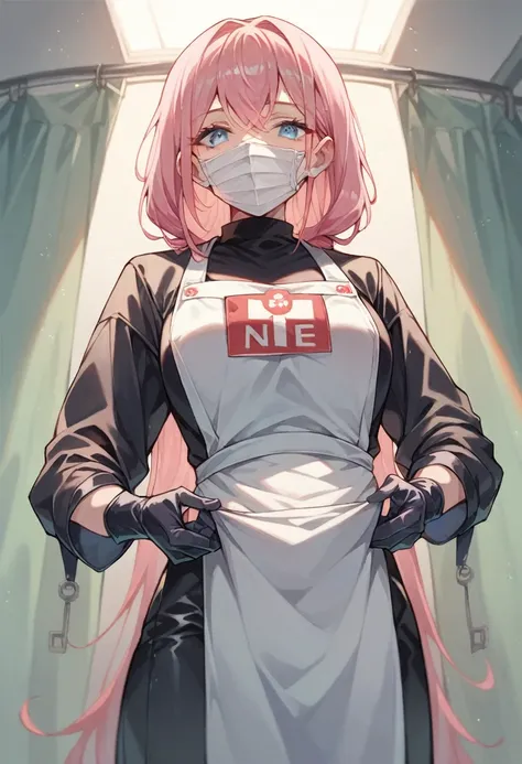 1girl, horny, Shikimori Miyako (( extra long yellow medical latex gloves)), (black paramedic suit ), ((long sleeves)),  long pink hair, looks at the viewer, shiny blue eyes , standing, One,  medical mask , medical apron 