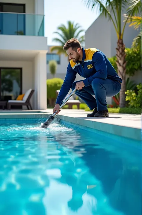 A photo of a modern and luxurious pool with a pool professional cleaning the pool with the blue and yellow uniform written “Tretha Well Pools”