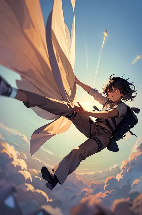 A young dark-skinned male mage with village clothes flying through the skies with wind magic and a small bag on his back