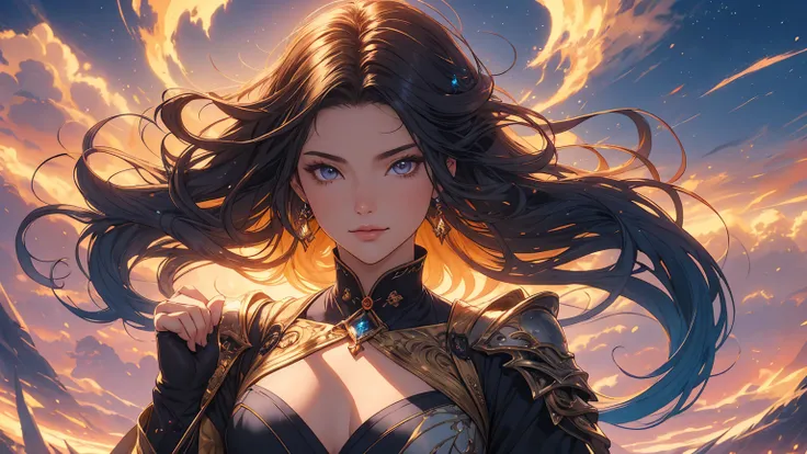 In Genshin Impact and anime style, the setting is a vast, untamed wilderness blending fantasy and realism. The landscape features an expansive horizon under an ethereal, shimmering sky with otherworldly colors. In the foreground, a warrior woman, depicted ...