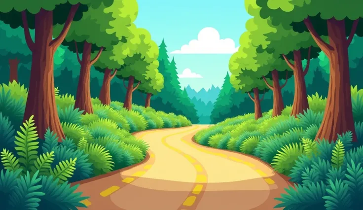 Image of a forest with a side view of the road, cartoon style, no animals, landscape only.