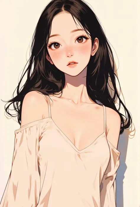 {high definition image}, asian woman, long hair, pointed nose, thin lips, busty, freckles on the face, , looking at the viewer with a neutral expression, {centered image}, Manga lineart, mouth open, heavy blushing, nude, full body view