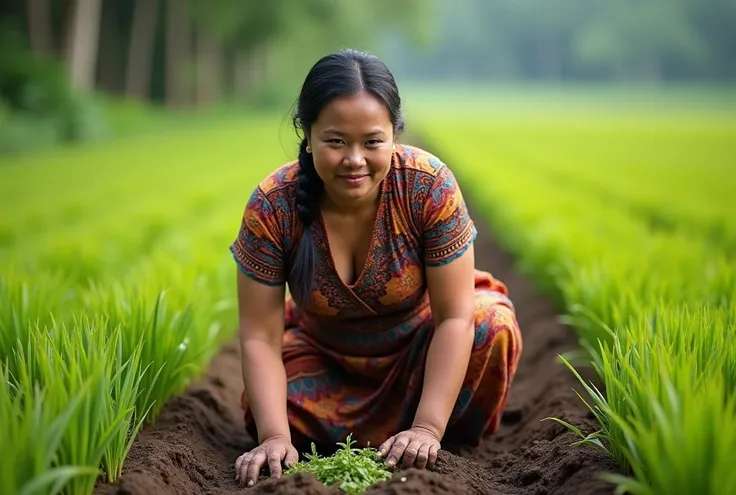 a beautiful female model from Indonesia wearing a v neck kebaya and batik sarong and her pose is planting rice in the rice fields and her expression is serious but with a slight smile , Slightly Overweight , Indonesia