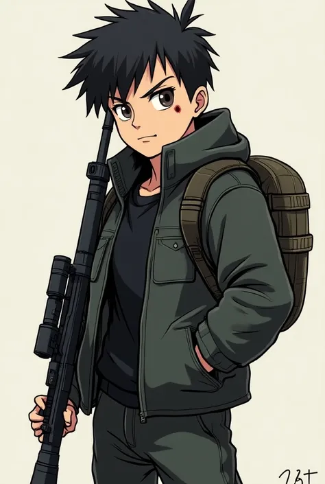 Cartoon of a man with medium black hair, with a hole in the cheek,  thick black clothes , carrying a Sniper , has 1, 78 tall and 23 years old