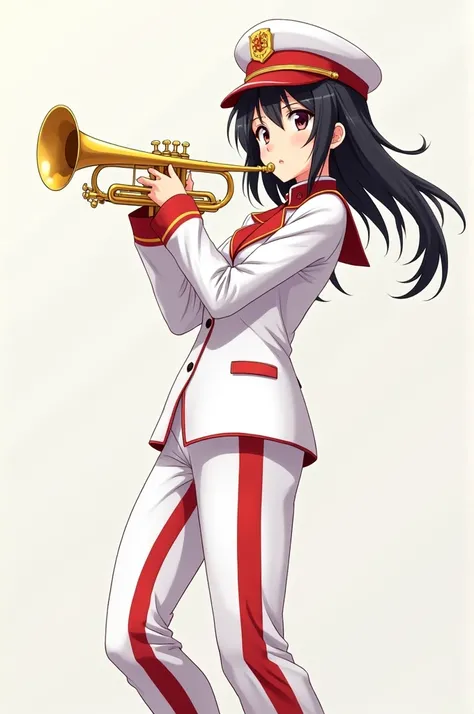 Young anime girl in student band uniform with trumpet color white and red jacket white and red white pants Liana Rojas and Gora de Capitan