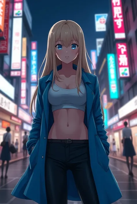  Anime girl with long straight blond hair, from Eastern Europe ,  white skin, blue eyes,  muscular body ,   on the streets of Tokyo at night, wearing electric blue coat .