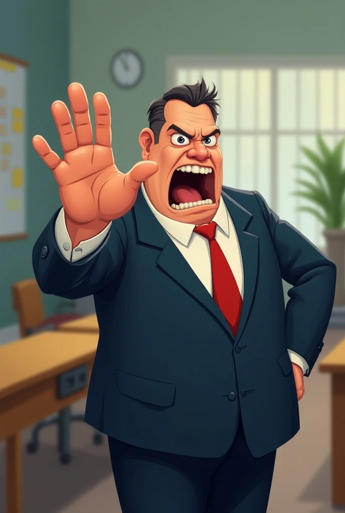 Animated school principal pointing out that he leaves with one hand up and an angry face